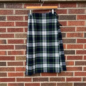 Celtic Green and Blue Wool Plaid Kilt Pleated Wrap Around Belted Skirt